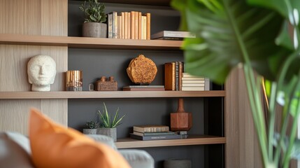 Books, Sculptures, and Plants Decorated on a Wooden Bookshelf