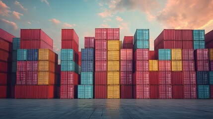 Fototapeta premium Cargo. Stacked cargo containers in port with copy space. Stack of Containers Cargo Ship Import/Export in Harbor Port, Cargo Freight Shipping of Container Logistics Industry. Cargo containers in port.
