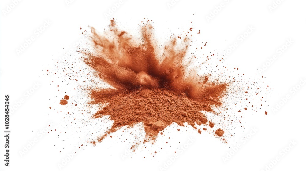 Poster a burst of reddish-brown powder, resembling cocoa or spices, creating a dynamic visual effect.