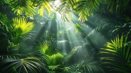 A dense rainforest with sunlight beaming through the leaves.
