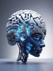 Futuristic mechanized head with blue neon light in the center. Illustration in the style of futurism. Photo realistic futurism style.