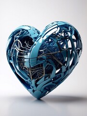 Futuristic mechanized heart with blue neon light on gray background. Illustration in the style of futurism. Photo realistic style.
