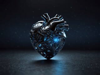 Futuristic mechanized human heart or robot or biorobot. Illustration in the style of futurism for wallpaper. Photo realistic style.