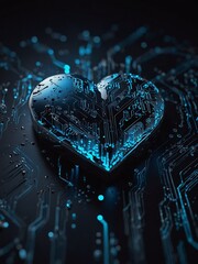Holographic mechanized  heart with blue neon light. Illustration in the style of futurism for wallpaper.