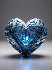 Futuristic mechanized heart with blue neon light in the center. Illustration in the style of futurism. Photo realistic futurism style.