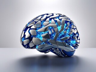  Holographic mechanized  brain with blue neon light. Illustration in the style of futurism for wallpaper.Photo realistic style.