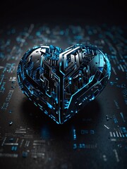 Futuristic mechanized heart with blue neon light in the middle on a dark background. Illustration in the style of futurism. Realistic futuristic photo style.