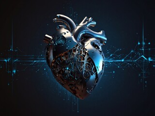 Futuristic realistic human or robot or biorobot neon light mechanized heart. Illustration in the style of futurism for wallpaper. Photo realistic style.