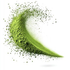 Green matcha powder flying, white background 
