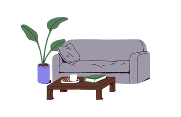 Comfortable gray couch with wooden coffee table. Cozy sofa, soft furniture with green houseplant. Modern interior design of living room with home decor. Flat isolated vector illustration on white
