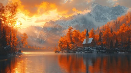 Fototapeta premium Serene Autumn Landscape with Orange Reflections