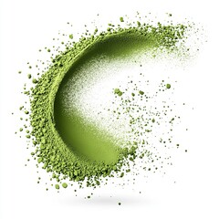 Green matcha powder flying, white background 