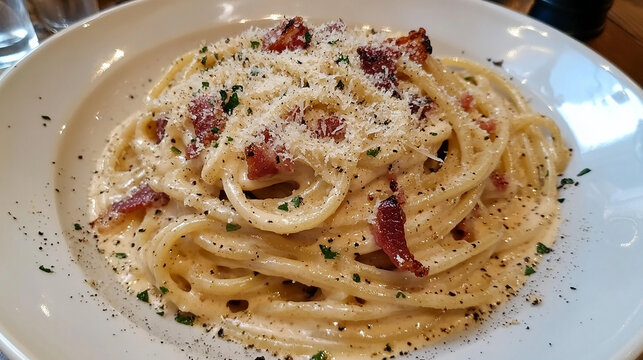 Spaghetti carbonara with crispy bacon and creamy sauce