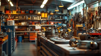 Obraz premium Exploring the Intricacies of a Detailed Garage Workshop Filled with Car Parts and Tools