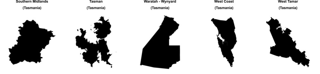 Southern Midlands, Tasman, Waratah - Wynyard, West Coast, West Tamar outline maps