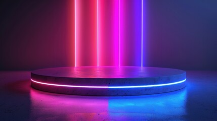 Futuristic Podium with Vibrant Neon Lights for Modern Presentation and Display Events Awaiting You