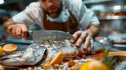 The chef meticulously cuts into a freshly caught fish, surrounded by vibrant ingredients, showcasing culinary artistry and passion for cooking