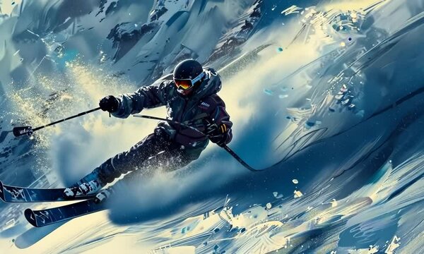 A man in a ski suit is skiing down a mountain Video