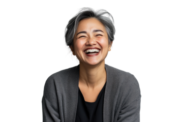 Portrait of a middle-aged Asian woman laughing joyfully in a grey cardigan on a transparent background