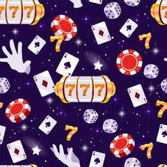 Casino pattern. Seamless colorful background. Roulette, chips, dice and cards. Vector illustration.