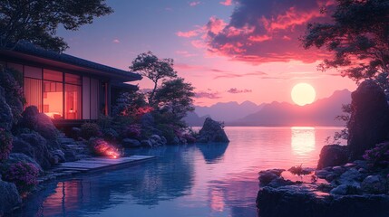 Serene Sunset Over Tranquil Waters and Garden Oasis