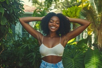 Relaxed young african american woman enjoying nature outdoors, wearing casual clothing, posing playfully with a background of lush greenery and a beautiful house nearby