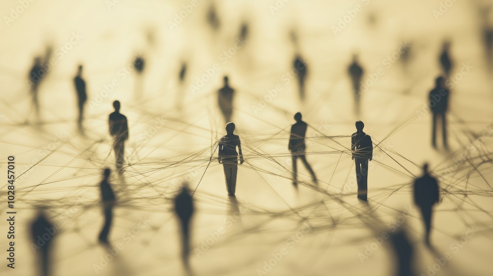 Poster group of simple miniature people shapes connected by thread lines on a simple background. wallpaper 