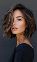 Fototapeta premium A woman with short, brown hair and freckles.