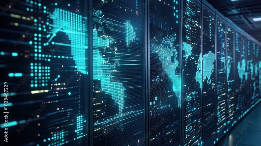 Poster high-tech digital world map on a data server background, showcasing global connectivity and network 