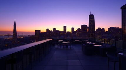 Obraz premium 55. An empty rooftop with a panoramic view of the city skyline at dusk