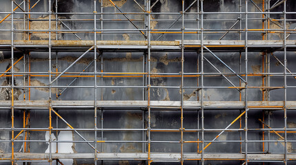Close-up view of scaffolding on a weathered building wall, with metal bars and platforms forming a complex grid pattern against a worn, industrial backdrop.