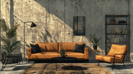 Industrial and loft living room interior with concrete wall, sand brown sofa, modern armchair, simple black coffee table, sand brown, books and personal accessories.