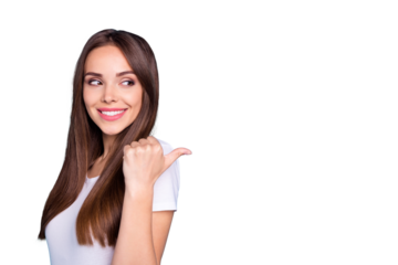 Portrait of lovely person showing ads at copy space sharing her feedback wearing white t-shirt isolated over blue background