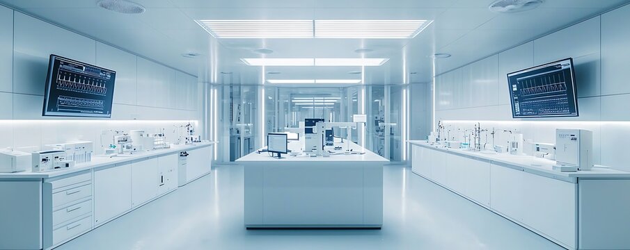Minimalistic white lab equipped with the latest in scientific research technology.