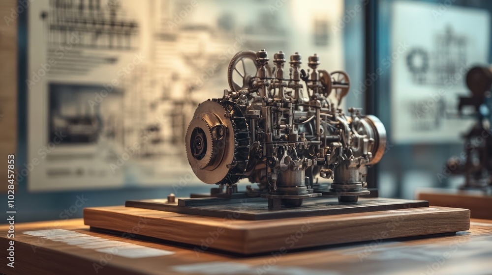 Poster a detailed model of an engine displayed in a museum setting, showcasing engineering design.
