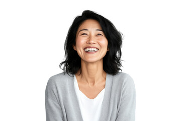 Portrait of a middle-aged Asian woman laughing joyfully in a grey cardigan on a transparent background