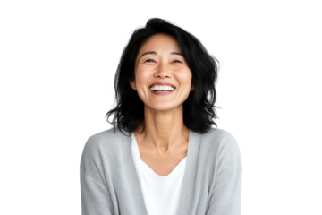 Portrait of a middle-aged Asian woman laughing joyfully in a grey cardigan on a transparent background