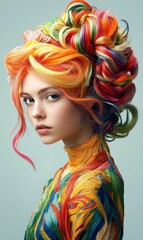Naklejka premium A woman with rainbow hair and patterned clothing.