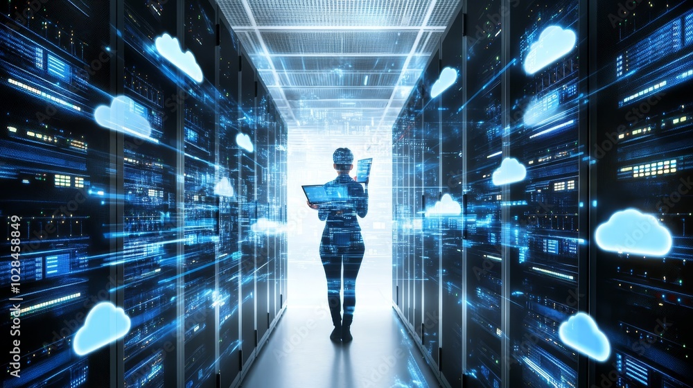 Poster a professional navigating a data center, surrounded by digital cloud technology and server infrastru
