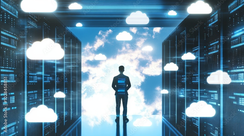 Poster a person stands in a data center, surrounded by digital clouds, symbolizing the future of cloud tech