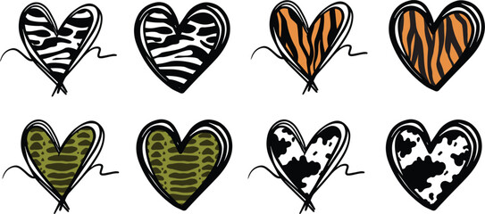 Hand-Sketched Animal Print Heart Designs: Cow, Snake, Zebra, Tiger Stickers, Decals, Crafting