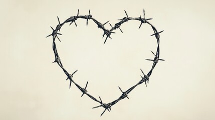Retro-style heart-shaped frame made of barbed wire, illustrated with a photocopy stipple effect. Minimal background for emphasis on texture.