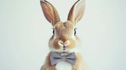 Obraz premium Stock minimalist photography of a rabbit with a gentle smile, wearing a bow tie, positioned on a white background with soft, even studio lighting