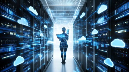 Obraz premium A professional navigating a data center, surrounded by digital cloud technology and server infrastructure, symbolizing innovation.