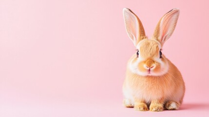 Obraz premium Stock minimalist photography of a shy bunny with long ears, positioned on a soft pastel background with gentle studio lighting, creating a calm and endearing look