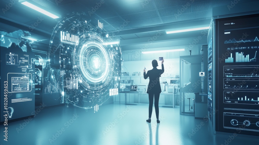 Poster a futuristic lab scene with a scientist interacting with holographic data displays, showcasing advan