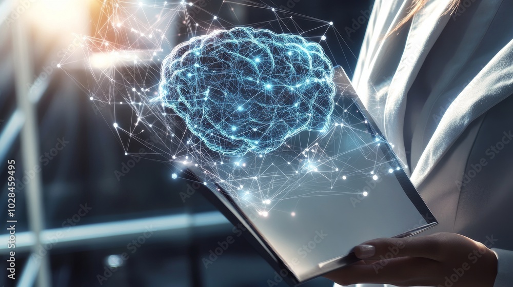 Poster a person holds a device displaying a digital brain, symbolizing artificial intelligence and technolo