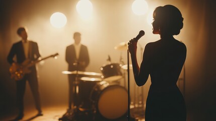 Female vocalist singing with a jazz band performing behind her, simple composition, Stock minimalist photo