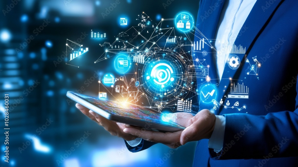 Aufkleber a businessman using a tablet with futuristic data analytics and digital icons, symbolizing technolog
