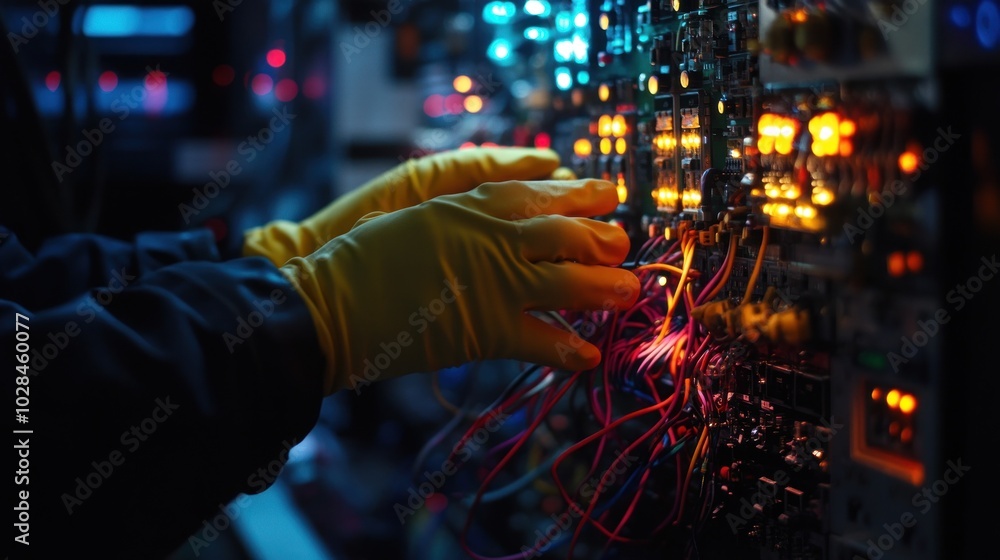 Poster a technician in gloves works on a circuit board with illuminated components.